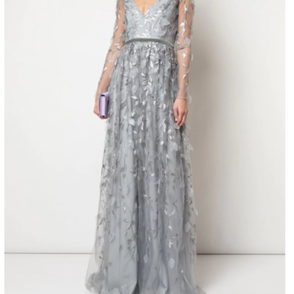 New evening gown sophisticated gray w/ 3-d lace